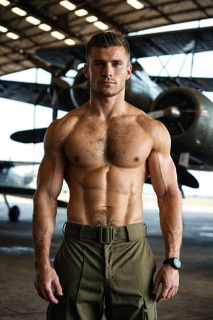 4k, half body photo of 25 y.o solider man posing in a hanger with old planes, shirtless, (hairy), natural skin, soft box light