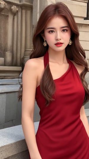 1girl, solo, long hair, brown hair, dress, jewelry, earrings, red dress, realistic