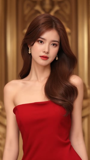 1girl, solo, long hair, brown hair, dress, jewelry, earrings, red dress, realistic