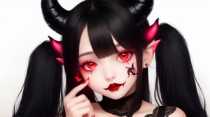black long pigtail hair, glowing red eyes. big tits, thick, lingerie, lace, horns. devil, cute evil face, face tattoos, dark skin, forest