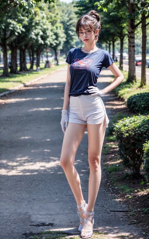 (masterpiece, best quality, ultra-detailed, ultrarealistic:1.4, scenary), (1 only scene nature background:1.5), (1 centered Picture of Ariadna Sophie), (1 solo teen:1.6), (18 years old:1.4), (perfect legs:1.6), (perfect body:1.7), (skinny tall teen:1.3), (complete full body:1.6), Realism, (European Face:1.3), (girl with glasses:1.3), (perfect standing pose:1.6), (perfect oriented legs:1.6), (tight gloves:1.2), (perfect hands:1.5),  (perfect oriented feet:1.6), (perfect eyes:1.5), (ultra realistic skin:1.4), (frontal view:1.5), ([bangs|pixie|ponytail|bob] hairstyle:1.6), (short hair:1.4), (perfect shoes:1.3),Enhance, ([red|white] [Pants|Skirt|Jeans|leggings]:1.5), (super Asymmetric Hem T-shirt:1.7)