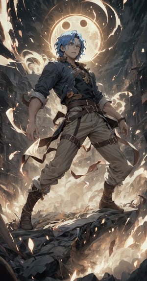 man of incredible beauty, blue hair, wavy hair, blue eyes, a black leather jacket, beige pants, in a combat pose, swordsman, ready to fight, a man of 25 years old, stubble facial hair, a cute boy, muscular, muscular male, It illustrates the overwhelming moment in which the boy, with a movement of his hand, caused a powerful eclipse that plunged the earth into darkness, filling people's hearts with terror. city. mortals. Create a work of art that captures the profound impact of this celestial event and the spiritual connection between man and the mortal realm, using striking imagery, dramatic contrasts and symbolism to convey the fear and reverence inspired by the actions of this ancient deity, overcoming the stampede