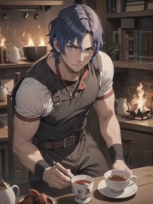 Man, Warrior in fire 
30 years old, stubble, serving tea
