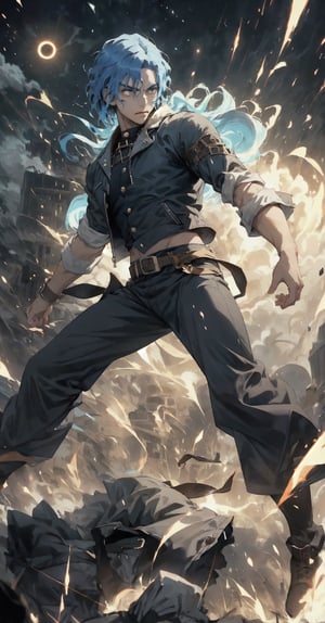 boy of incredible beauty, blue hair, wavy hair, blue eyes, a black leather jacket, black pants, in a combat pose, ready to fight, a man of 25 years old, a cute boy, muscular male, It illustrates the overwhelming moment in which the boy, with a movement of his hand, caused a powerful eclipse that plunged the earth into darkness, filling people's hearts with terror. city. mortals. Create a work of art that captures the profound impact of this celestial event and the spiritual connection between man and the mortal realm, using striking imagery, dramatic contrasts and symbolism to convey the fear and reverence inspired by the actions of this ancient deity, overcoming the stampede