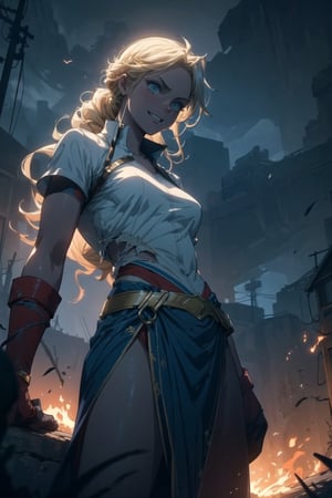  (masterpiece, best quality:1.3), (8k wallpaper), (detailed beautiful face and eyes), (detailed illustration), (super fine illustration), (vibrant colors), (professional lighting), 
(increasing the weight makes things worse), In the eerie glow of flames, a mysterious young girl emerges with a smile, (wearing shirt). Amidst the desert night (8k wallpaper), his long hair gleams, revealing perfect anatomy in ripped clothes blue. A Dutch angle and cowboy shot capture the stormy air outside, With a crackling magic wand, he channels fire power, This enigmatic masterpiece seamlessly blends fantasy and darkness in a captivating scene.,Laykus