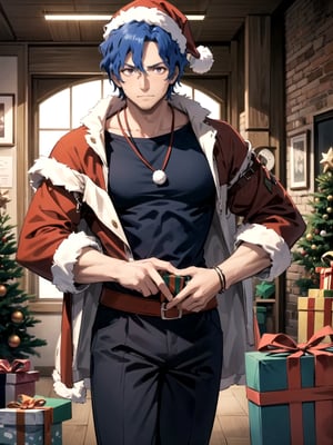 //Quality,
(masterpiece), (best quality), 8k illustration,
//Character,
overlordentoma, 1man, solo, muscular, gift, stubble, navy blue hair
//Fashion,
santa_costume,
//Background,
indoors, christmas, 
//Others,