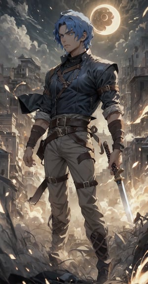 man of incredible beauty, blue hair, wavy hair, blue eyes, a black leather jacket, beige pants, in a combat pose, swordsman, robust, ready to fight, a man of 25 years old, stubble facial hair, a cute boy, muscular, muscular male, It illustrates the overwhelming moment in which the boy, with a movement of his hand, caused a powerful eclipse that plunged the earth into darkness, filling people's hearts with terror. city. mortals. Create a work of art that captures the profound impact of this celestial event and the spiritual connection between man and the mortal realm, using striking imagery, dramatic contrasts and symbolism to convey the fear and reverence inspired by the actions of this ancient deity, overcoming the stampede