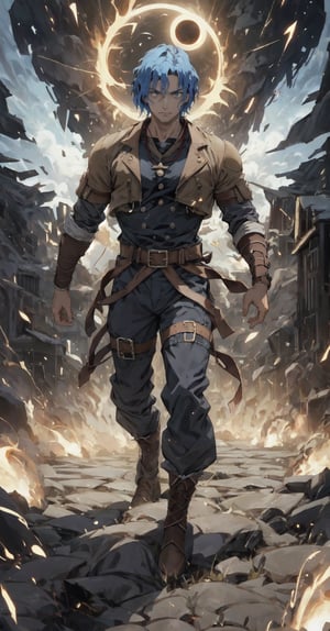 man of incredible beauty, blue hair, wavy hair, blue eyes, a black leather jacket, beige pants, in a combat pose, swordsman, robust, ready to fight, a man of 25 years old, stubble facial hair, a cute boy, muscular, muscular male, It illustrates the overwhelming moment in which the boy, with a movement of his hand, caused a powerful eclipse that plunged the earth into darkness, filling people's hearts with terror. city. mortals. Create a work of art that captures the profound impact of this celestial event and the spiritual connection between man and the mortal realm, using striking imagery, dramatic contrasts and symbolism to convey the fear and reverence inspired by the actions of this ancient deity, overcoming the stampede