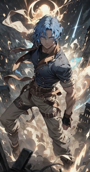 man of incredible beauty, blue hair, wavy hair, blue eyes, a black leather jacket, beige pants, in a combat pose, swordsman, ready to fight, a man of 25 years old, stubble facial hair, a cute boy, muscular, muscular male, It illustrates the overwhelming moment in which the boy, with a movement of his hand, caused a powerful eclipse that plunged the earth into darkness, filling people's hearts with terror. city. mortals. Create a work of art that captures the profound impact of this celestial event and the spiritual connection between man and the mortal realm, using striking imagery, dramatic contrasts and symbolism to convey the fear and reverence inspired by the actions of this ancient deity, overcoming the stampede