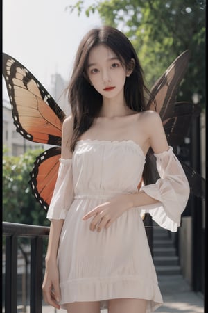 best quality,masterpiece,highres,cg,1girl,wings,solo,dress,detached sleeves,white dress,hand on hip,bare shoulders,looking at viewer,fairy wings,detached collar,strapless,butterfly wings,jewelry,fairy,strapless dress,lighting,candid,Photograph,high resolution,4k,8k,Bokeh