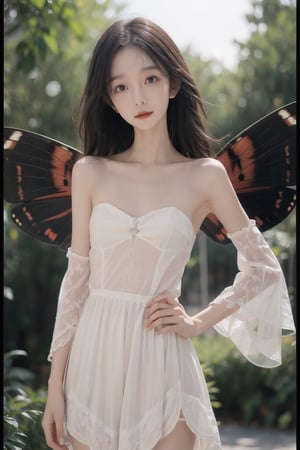 best quality,masterpiece,highres,cg,1girl,wings,solo,dress,detached sleeves,white dress,hand on hip,bare shoulders,looking at viewer,fairy wings,detached collar,strapless,butterfly wings,jewelry,fairy,strapless dress,lighting,candid,Photograph,high resolution,4k,8k,Bokeh