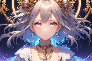 Masterpiece, high quality, girl, beautiful, glowing eyes, shinning hair, best aesthetic, high detail, 4k, award winning, beautiful shot, beautiful face, gentle and calm, perfect composition, nice angle, earring, necklace, intricate, high detail quality cg artstyle, anime