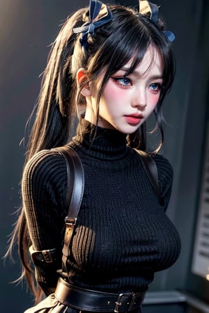 (((masterpiece))),(((long eyelashes and eyelineri))),(((beautiful))),(((ultra realistic))), 



laugh, 1girl, tohsaka rin, solo, long hair, sweater, looking at viewer, blue background, black hair, simple background, two side up, turtleneck, blue eyes, lips, closed mouth, ribbon, hair ribbon, bangs, turtleneck sweater, arms behind back bound, arms bent, shibari cross chest boxtie, bondage bust, upper body, parted bangs, black ribbon, ribbed sweater, twintails, nose, high_resolution, high quality,large _breast_bondage,masterpiece,