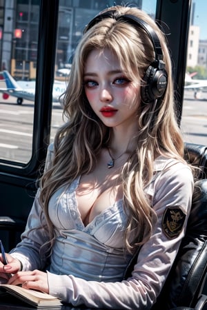 (((masterpiece))),(((long eyelashes and eyeliner))),(((beautiful))),(((ultra realistic))), 





1girl, solo, breasts, blue eyes, blonde hair, gloves, sitting, sky, uniform, military, military uniform, headphones, star \(sky\), headset, science fiction, realistic, aircraft, airplane, pilot suit, cockpit, pilot

1girl, solo, long hair, blonde hair, shirt, long sleeves, holding, sitting, closed mouth,  eyes, white shirt, upper body, indoors, lips, book, wavy hair, paper, pen, pencil, writing,(((medium breasts))),