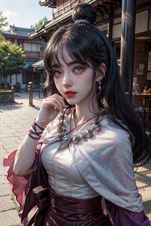 (((masterpiece))),(((long eyelashes and eyelineri))),(((beautiful))),(((ultra realistic))),




score_9, score_8_up, score_7_up, source_anime, solo, 1girl, maya fey, smile, looking at viewer, own hands together, half updo, hair ornament, japanese clothes, kimono, sash, necklace, magatama, outdoors, east asian architecture 