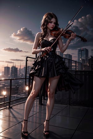 (((masterpiece))),(((long eyelashes and eyelineri))),(((beautiful))),(((ultra realistic))),











((masterpiece, quality, wide photo angle)), 1 girl, standing on the roof of a building, solo, Vintage hairstyle, black hair, dress, sleeveless, black dress, high heels, sleeveless dress, instrument, ((playing violin1.3)), real hands, night, stars, wind blows