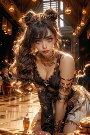 (((masterpiece))),(((sharp eyes))),(((long eyelashes and eyeliner))),(((very beautiful face))),(((face))),((large tits))),(((small waist))), 



masterpiece, best quality, solo, breasts, (pov:1.1), standing, (fantasy setting, medieval tavern, crowded tavern:1),  (((lora:Residence_Anya_v2-000144:0.7))), maid, german clothes, dirndl, cleavage, necklace,jewelry, scrunchie, large breasts, (pointy breasts:1.5), covered nipples, white apron, frills, smiling  mouth, bare shoulders, low twin tails, red eyes, puffy sleeves, detached sleeves, short sleeves, cleavage, downblouse, long hair, short skirt, bare legs, black corset, apron, reaching out, 