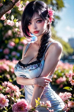 (((masterpiece))),(((long eyelashes and eyeliner))),(((beautiful))),(((ultra realistic))), 




a woman in a white dress standing in front of a tree with pink flowers on it and a blue sky,Chizuko Yoshida,rossdraws global illumination,a detailed, ,Sexy Women ,More Detail,(((saggy breast))),
