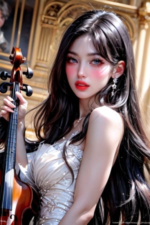 (((masterpiece))),(((long eyelashes and eyelineri))),(((beautiful))),(((ultra realistic))),




background is concert hall,cello,
18 yo, 1 girl, beautiful korean girl(pretty cello player),sitting on chair,wearing neat dress,playing cello,happy smile, solo, {beautiful and detailed eyes}, dark eyes, calm expression, delicate facial features, ((model pose)), Glamor body type, (dark hair:1.2),straight hair,very long hair,bangs, simple tiny earrings, simple tiny necklace, flim grain, realhands, masterpiece, Best Quality, 16k, photorealistic, ultra-detailed, finely detailed, high resolution, perfect dynamic composition, beautiful detailed eyes, sharp-focus, full_body, cowboy_shot,midjourney,large breast,