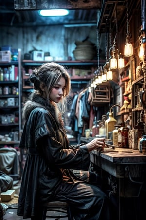 (((masterpiece))),(((long eyelashes and eyeliner))),(((beautiful))),(((ultra realistic))), (((detailed eyes)))



Prompt

In a post-apocalyptic world, a tool shop in a dilapidated town,(solo),((beautiful old medieval witch)),glasses,shaggy grey hair,disarrayed hair,((thin hair)),((warty face:1.2)),((Nasty smiling)),beautiful nose,shyness look, burn face Brake managed by a grizzled young woman armed with a rifle, An young woman with gray hair, armed with a rifle, runs the place, Inside the store, potions, guns, ammunition, and various items are crammed onto shelves and hanging from the walls, and the dimly lit interior is dusty, creating an eerie atmosphere. An old woman in tattered clothes sits behind a cluttered counter, her weathered hands resting on her rifle,Her piercing gaze scans the incoming customers, trying to protect what little inventory she has.,stalker,falloutcinematic,DonMH41rXL