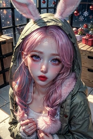 (((masterpiece))),(((long eyelashes and eyelineri))),(((beautiful))),(((ultra realistic)))



Music note background, 1 girl, pink hair twin-tail, headset, (rabbit fluffy parka coat:1.3), Christmas, dynamic angle, box of gifts ,masterpiece, , 
 