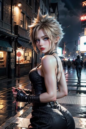 (((masterpiece))),(((sharp eyes))),(((long eyelashes and eyeliner))),(((very beautiful face))),(((face))),((large tits))),(((small waist))), 



sleeveless turtleneck, suspenders, belt, gloves, bracer, baggy pants, cowboy shot, looking at viewer, dystopian city, nighttime, chiaroscuro shading, walking, from side (((lora:cloudstrife-nvwls-v1-000010:0.9))),(((bigger breasts))),(((bent over))),