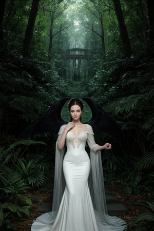 hyperrealistic photo of Angelina Jolie in a powerful and imposing pose, as Maleficent, with her black wings spread and a flowing black dress, with lace and gemstone details. The setting is a magical forest, with tall trees and glowing plants. The dramatic lighting enhances the shadows and details of her dress, creating a mysterious and magical atmosphere. The focus is on her intense and enigmatic expression, with bright green eyes fixed on the camera. The image should have a cinematic style, with an aesthetic close to the original scene from the movie, with as much realism as possible without showing explicit details of Angelina Jolie's anatomy. The image has 8K resolution, sharp details, realistic textures, and vivid colors.