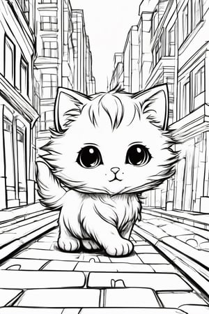 Children's drawing, line drawing,  cute fluffy kitten rolling in a ally in a city,cute,chibi