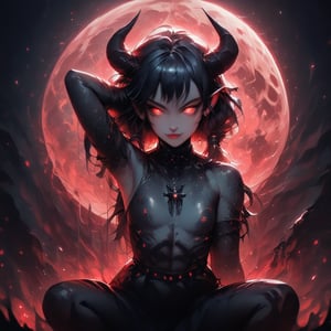 Create an image of a beautiful female demon with glowing red wings sitting in front of a full moon. She has long flowing silver hair, horns on her head, and wears intricately designed black armor. The background shows dark clouds partly illuminated by moonlight, adding an ethereal and ominous atmosphere