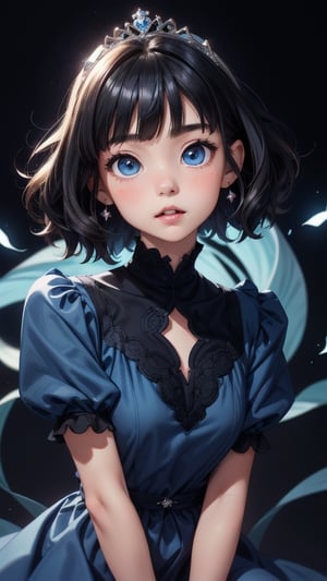 Five-year-old princess ,solo, big blue eyes, shiny black hair, short equal length wavy haircut, Blue dress, cute, beautiful princess, innocent eyes, black background,face in the center,