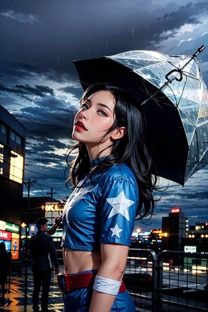 (masterpiece), (cinematic, city lights:1.2), city, overcast, rain, 1girl, black hair, medium hair, wavy hair,umbrella,Extremely Realistic,stargirl_dc