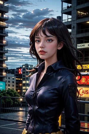 (masterpiece), (cinematic, city lights:1.2), city, overcast, 1girl, black hair, medium hair, wavy hair,Extremely Realistic,blkwidow,blackwidow