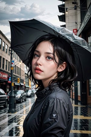 (masterpiece), (cinematic, city lights:1.2), city, overcast, rain, 1girl, black hair, medium hair, wavy hair, umbrella,blkwidow,Extremely Realistic