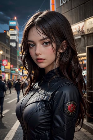 (masterpiece), (cinematic, city lights:1.2), city, overcast, 1girl, black hair, medium hair, wavy hair,Extremely Realistic,More Detail,3va,blkwidow