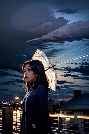 (masterpiece), (cinematic, city lights:1.2), city, overcast, rain, 1girl, black hair, medium hair, wavy hair,umbrella,Extremely Realistic,stargirl_dc