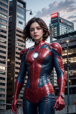 (masterpiece), (cinematic, city lights:1.2), city, overcast, 1girl, black hair, medium hair, wavy hair,Extremely Realistic,Mecha suit,Iron man suit,Mecha suit,spider-man costume, nomask