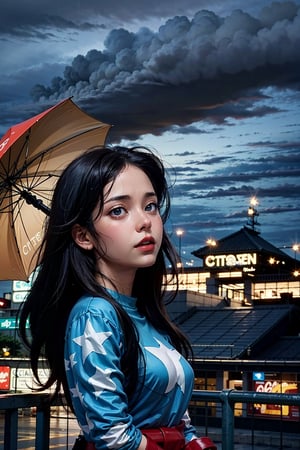 (masterpiece), (cinematic, city lights:1.2), city, overcast, rain, 1girl, black hair, medium hair, wavy hair,umbrella,Extremely Realistic,stargirl_dc