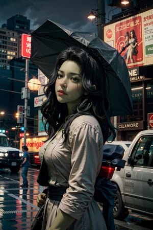 (masterpiece), (cinematic, city lights:1.2), city, overcast, rain, 1girl, black hair, medium hair, wavy hair, umbrella,blkwidow,Extremely Realistic,shehulk
