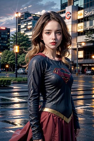 (masterpiece), (cinematic, city lights:1.2), city, overcast, 1girl, gold hair, medium hair, wavy hair,Extremely Realistic,supergirl