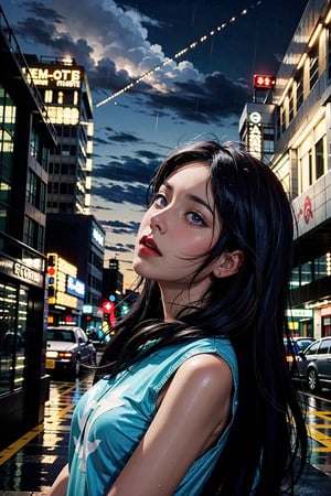 (masterpiece), (cinematic, city lights:1.2), city, overcast, rain, 1girl, black hair, medium hair, wavy hair,umbrella,Extremely Realistic,stargirl_dc