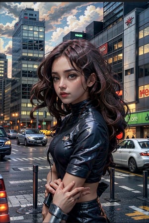 (masterpiece), (cinematic, city lights:1.2), city, overcast, 1girl, black hair, medium hair, wavy hair,Extremely Realistic,MarvelBlackCat,NamiOP,nami,sf1