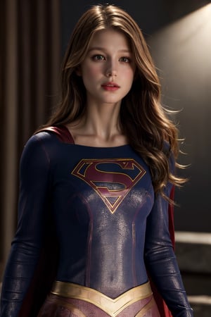 photorealistic, masterpiece, best quality, raw photo, 1girl, medium breasts, long hair, brown hair, collared shirt, looking at viewer, dynamic lighting, in the dark, deep shadow, low key, intricate detail, detailed skin, pore, highres, hdr, supergirl ,Melissa Benoist,supergirl