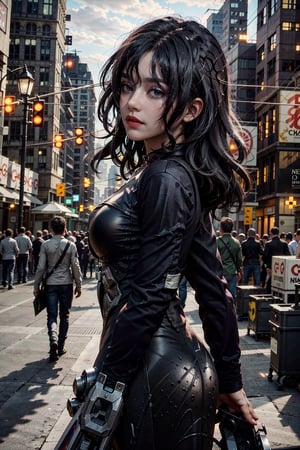 (masterpiece), (cinematic, city lights:1.2), city, overcast, 1girl, black hair, medium hair, wavy hair,Extremely Realistic,MarvelBlackCat