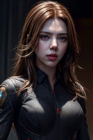 photorealistic, masterpiece, best quality, raw photo, 1girl, medium breasts, long hair, brown hair, collared shirt, looking at viewer, dynamic lighting, in the dark, deep shadow, low key, intricate detail, detailed skin, pore, highres, hdr,scarlett johansson, iron_man costume,