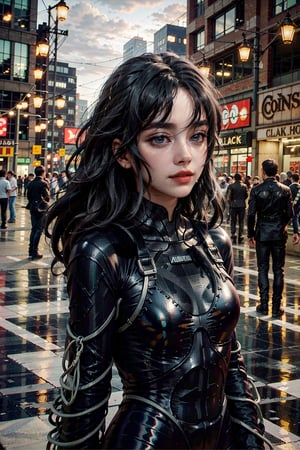 (masterpiece), (cinematic, city lights:1.2), city, overcast, 1girl, black hair, medium hair, wavy hair,Extremely Realistic,MarvelBlackCat