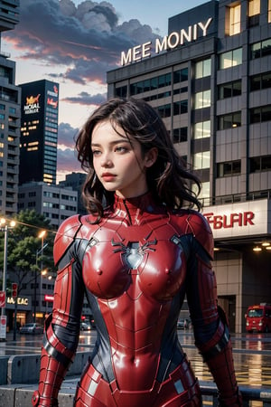 (masterpiece), (cinematic, city lights:1.2), city, overcast, 1girl, black hair, medium hair, wavy hair,Extremely Realistic,Mecha suit,Iron man suit,Mecha suit,spider-man costume, nomask