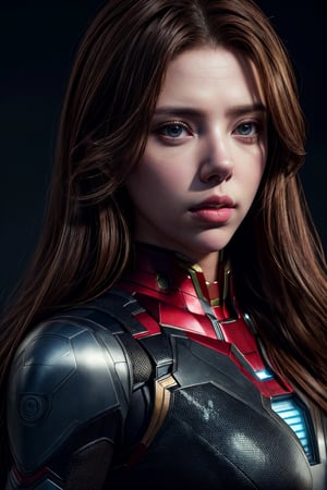 photorealistic, masterpiece, best quality, raw photo, 1girl, medium breasts, long hair, brown hair, collared shirt, looking at viewer, dynamic lighting, in the dark, deep shadow, low key, intricate detail, detailed skin, pore, highres, hdr,scarlett johansson, iron_man costume,