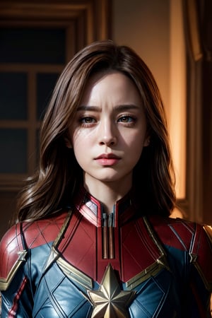 photorealistic, masterpiece, best quality, raw photo, 1girl, medium breasts, long hair, brown hair, collared shirt, looking at viewer, dynamic lighting, in the dark, deep shadow, low key, intricate detail, detailed skin, pore, highres, hdr, Captain Marvel,Realism,