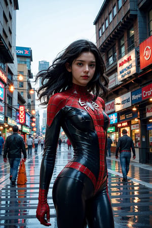 (masterpiece), (cinematic, city lights:1.2), city, overcast, 1girl, black hair, medium hair, wavy hair,Extremely Realistic,spider-man costume