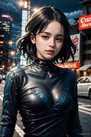 (masterpiece), (cinematic, city lights:1.2), city, overcast, 1girl, black hair, medium hair, wavy hair,Extremely Realistic,nightwing